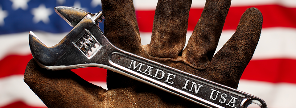 American flag with a wrench that says Made in the USA